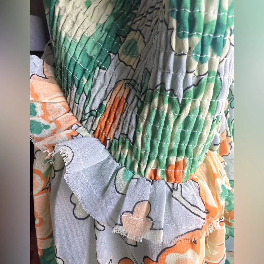 ASOS Green Orange Floral Open Back Smocked Mini Dress 70s Retro 4